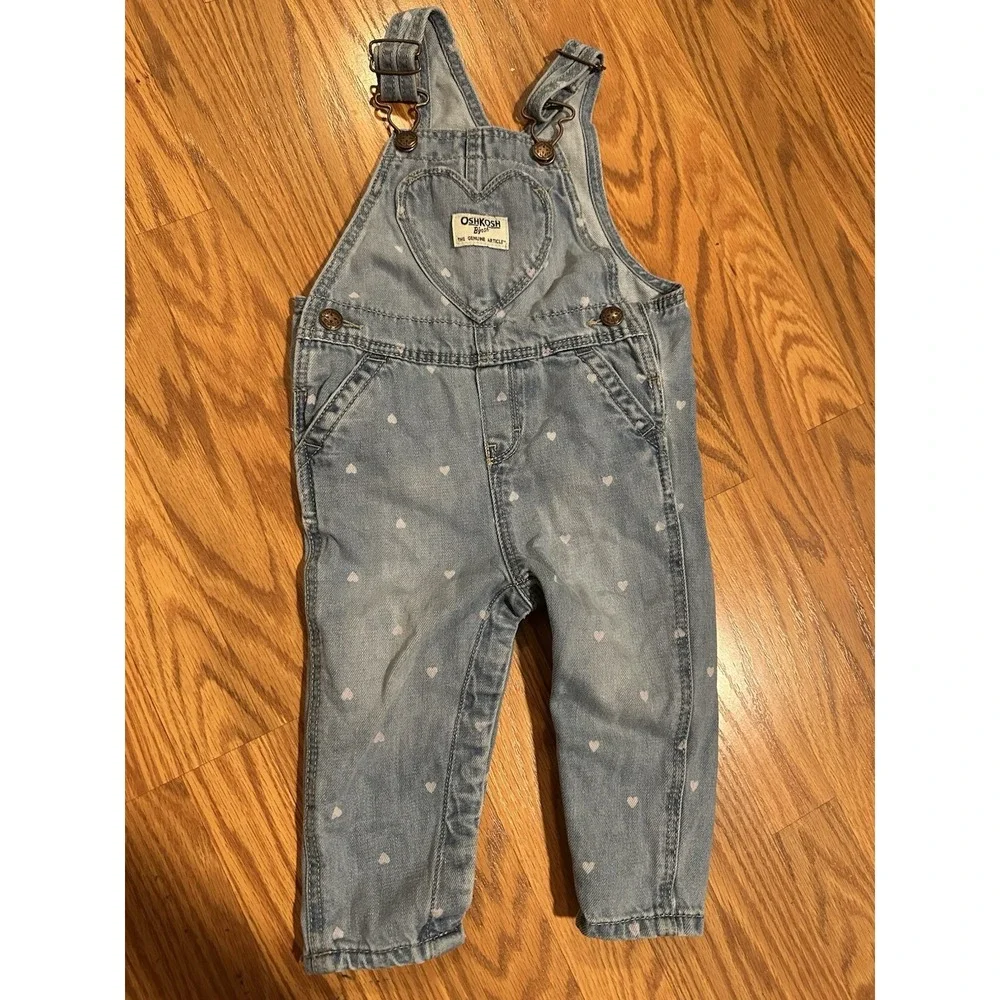 Oshkosh B'Gosh Denim Overalls with Pink Hearts Baby Girl 12 Months